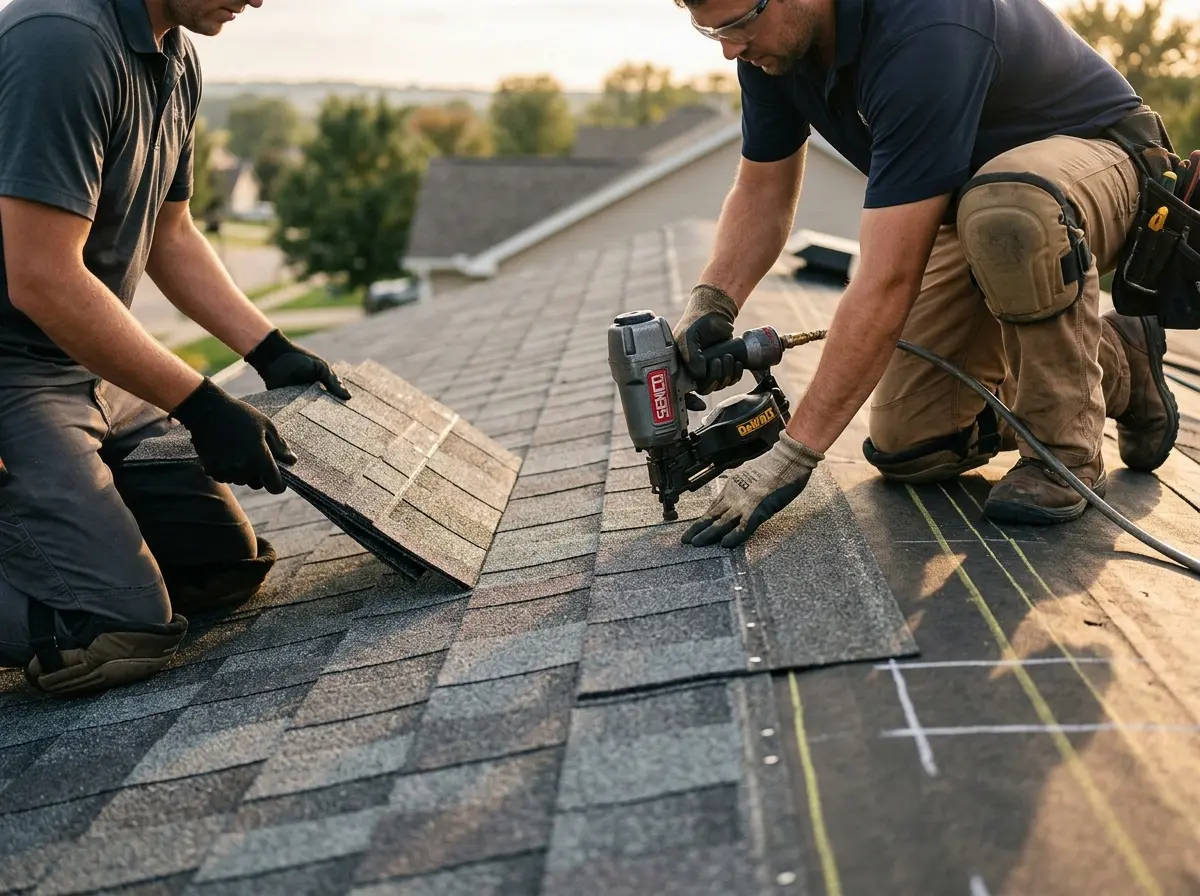 Professional roofer working on a residential roof in Oscoda